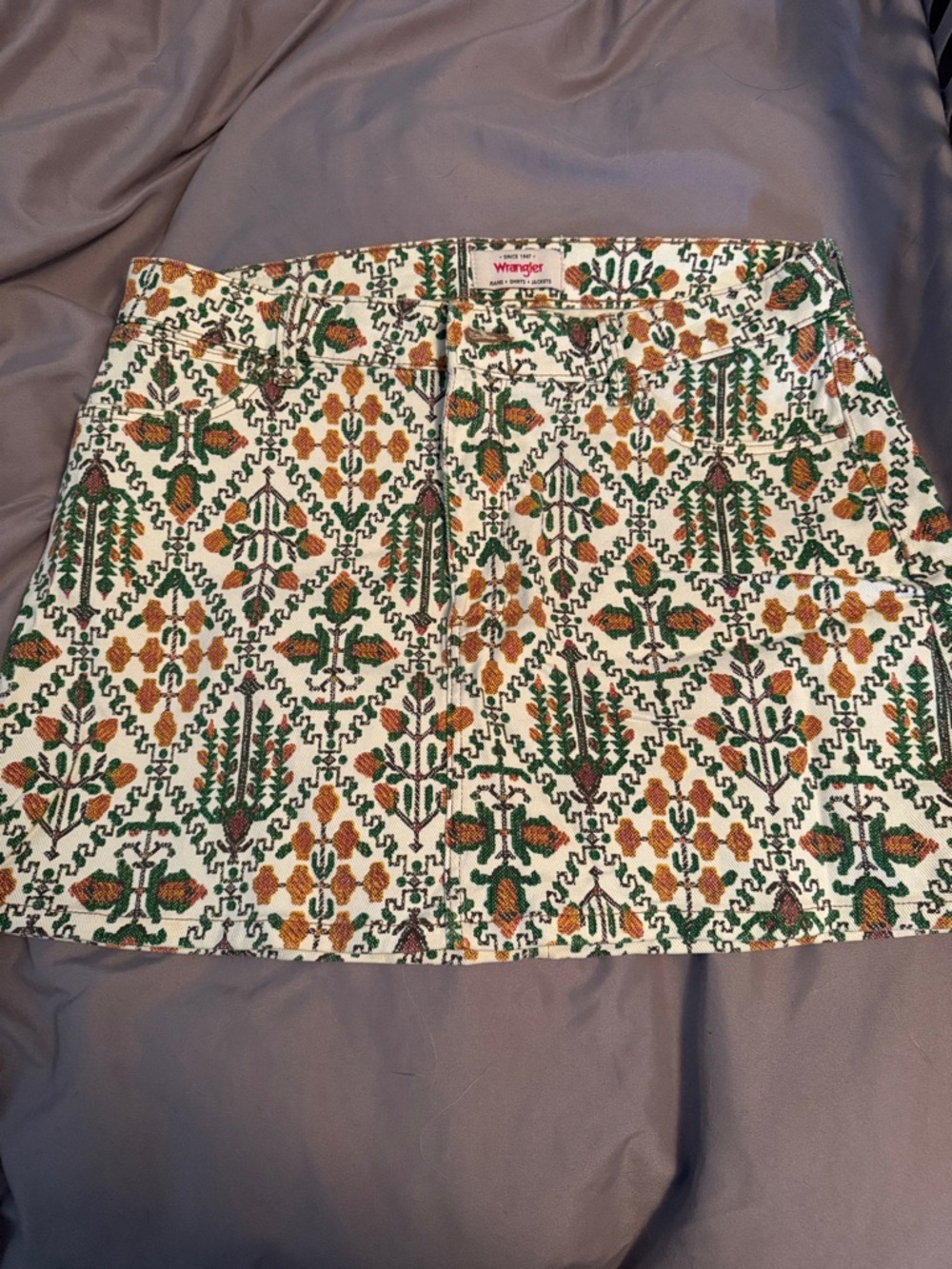 Wrangler Cream Mini Skirt with Green and Gold Floral Embroidery